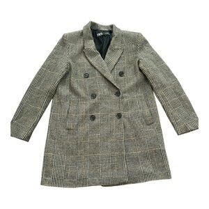 ZARA Plaid Wool-Blend Double Breasted Coat Gray Check Long Blazer Jacket S